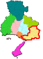兵庫県の地図、地域ごとに8分割され、色分けがあり、阪神地域が赤枠で囲われています